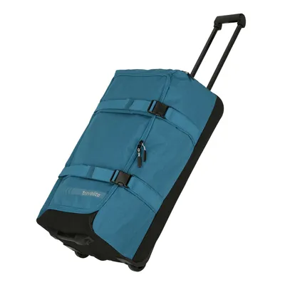 A teal rolling duffel bag with black accents and a retractable handle, shown against a white background.