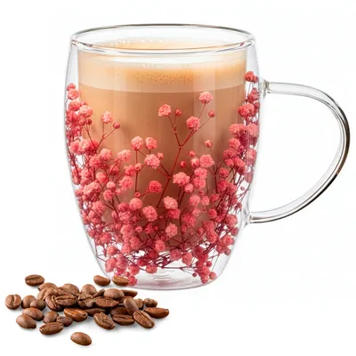 Productafbeelding van Dubbelwandig glas - Thermisch glas - Koffieglas - Thee glas - Warme en Koude dranken - Kunstbloemen - 300 ML
