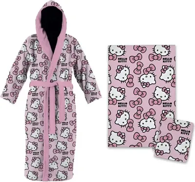 Produktbild von Hallo Kitty Kinder Mädchen 3 tlg. Set Bademantel Handtuch Handschuh – Rosa / 98/104