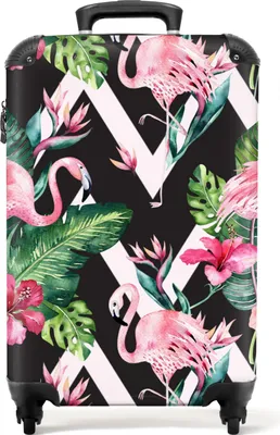 Produktbild von NoBoringSuitcases.com® Koffer Handgepäck Trolley Rollkoffer Kleine Reisekoffer mit 4 Rollen - Flamingo - Blumen - Rosa - Schwarz und weiß - Frauen - Cabin Size < 55x40x23 cm & 55x40x20 cm - Fotokoffer - Kabinenkoffer - BoardgepäckHandgepäck Koffer 55x35x20 cm, 36L,
