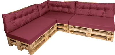 Produktbild von TexDeko Comfort Palettenkissen wasserabweisend 120 x 80 x 12cm XL mit abnehmbarem Bezug waschbar In- & Outdoor Palettenpolster Schaumstoff mit Rückenkissen gesteppt (7 TLG-SET, Bordeaux)