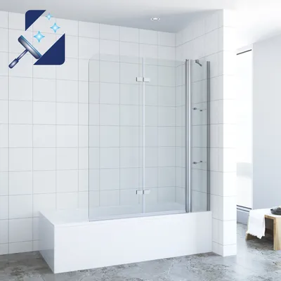 Produktbild von Badewannenaufsatz 150 x 140 cm Faltwand Glas Badewanne Trennwand Glas mit Festteil Duschregale aus Sicherheitsglas 5mm mit Lotuseffekt Beschichtung
