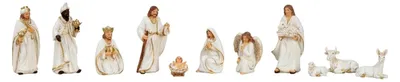 Produktbild von Krippenfiguren Set 11-teilig Heilige Familie mit Hirten und den Heiligen Drei Königen in Weiß und Gold