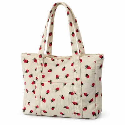 Produktbild von Cord Schultertasche mit Erdbeermuster – Tote Bag mit Reißverschluss & Frontfach, Damen Shopper für Alltag – Weiß
