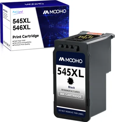 A product shot of a black ink cartridge and its packaging.