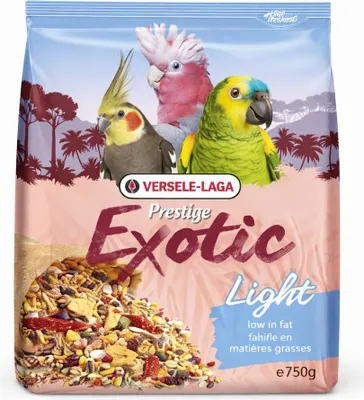 Zdjęcie produktu dla Versele-Laga Parrots Exotic Light Mix 750g, Nasiona, 750 g, Papuga, Witamina A, Witamina D3, Witamina E, Protein 14%, fat content 16.50%, crude fiber 13.5%, crude ash 3.5%, calcium 0.20%, phosphorus 0.40%, 750 g