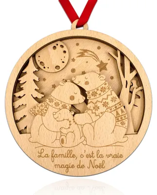 Maxi-Kerstbal aus Holz, Familie Bären 2+1, Ø 15 cm, handgefertigt