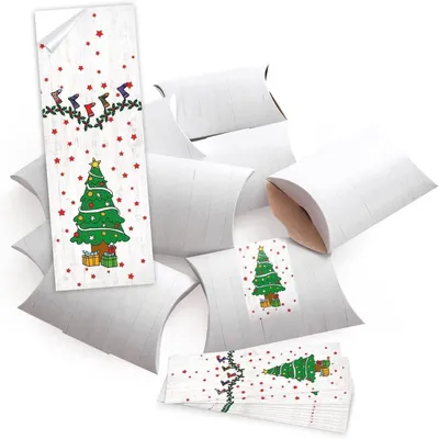 Produktbild von 10 kleine kleine Geschenkschachtel Mini-Karton weiß 14,5 x 10,5 cm ca. 3 cm + 10 Aufkleber grün rot WEIHNACHTSBAUM 5 x 15 cm Verpackung Mitgebsel Geschenke give-away Weihnachten