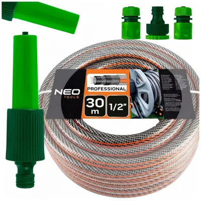 Produktbild von NEO TOOLS Gartenschlauch Set 30m 1/2 Zoll, 6-lagig Bewässerungssystem mit Spritze & Anschlüssen, Anti-Twist, UV-beständig