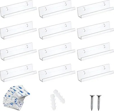 Image de Support mural pour plaques en acrylique Unyqoos® Accmuzzy, lot de 12, dimensions : 10 x 3,5 x 3 cm, comprenant 24 vis, 24 chevilles et 24 adhésifs en mousse, transparent