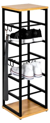 Produktbild von offenes Schuhregal für 6 Paar Schuhe aus Metall mit 2 Holzablagen, inkl. 4 Haken, höhenverstellbare Füße, Schuhständer, Schuhablage, Schuhschrank, Schuhaufbewahrung, Schuh-Organizer (schwarz)