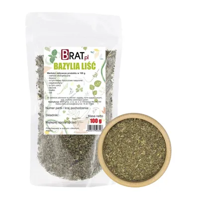 Zdjęcie produktu dla Bazylia suszona liść 100g Brat.pl