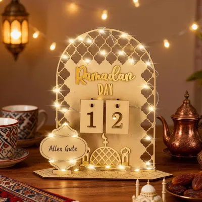 Productafbeelding van Houten adventskalender - Met LED-lichtketting voor 30 dagen - Decoratie voor Ramadan en Eid Mubarak - 40 x 30 x 10 cm