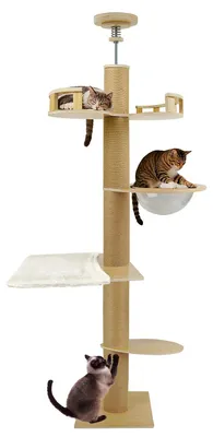 Immagine prodotto di Albero per gatti in legno massello, con 5 livelli, pali in juta per grattare, ampia cuccia e base stabile in pino, ideale per gatti domestici