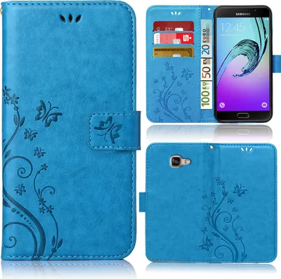 A collage of images showing a blue flip phone case with a floral and butterfly design, a Samsung phone inside the case, and close-ups of the case's features.