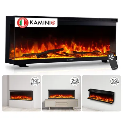 Immagine prodotto di KAMINIO Camino elettrico LEA - Caminetto 3-in-1 con vista panoramica, riscaldamento, effetto fiamma 3D, 12 colori di fiamma, telecomando - 42 pollici, Immagine generata dall'IA