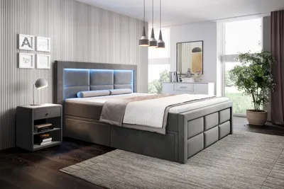 Produktbild von Moebelfest Boxspringbett 140x200 cm mit Bunt LED-Beleuchtung: Polsterbett mit 2 Schubladen, Taschenfederkernmatratze 7 Zonen und Topper (Madrid in Grau)