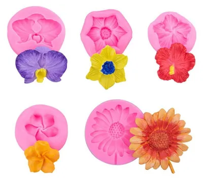 Image de Moules en silicone en forme de fleurs, lot de 5, couleur rose, pour la décoration de gâteaux et de confiseries