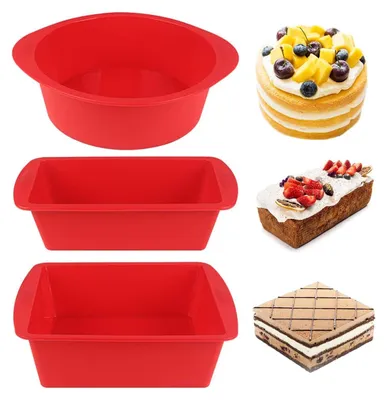 Produktbild von 3 Stück Silikon Kuchenform, Silikon-Backform Set, Kuchenform Hitzebeständig Backform für Kuchen, Brot, Quiche (Rot, Quadratisch)