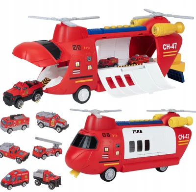 Immagine prodotto di Elicottero dei pompieri con 6 macchinine in metallo – trasportatore giocattolo 2 in 1 con lanciatore di veicoli, luci e suoni, mezzi di soccorso