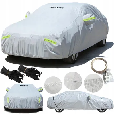 A collage of images showing a car cover and its features, along with accessories.