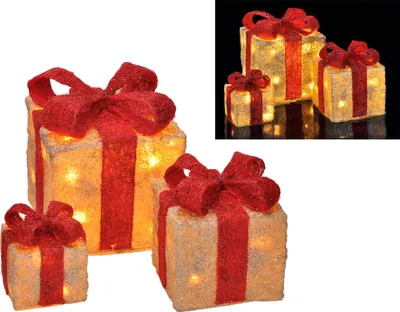 Produktbild von 3 x beleuchtete Geschenkbox LED mit Timer Weihnachten Gelb Weihnachtsdeko Deko