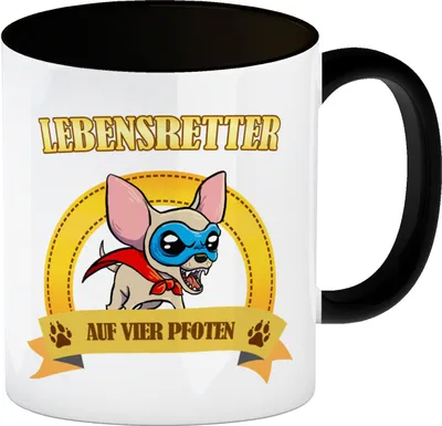 Produktbild von Kaffeebecher Schwarz mit Superheld - Chihuahua - Lebensretter auf vier Pfoten