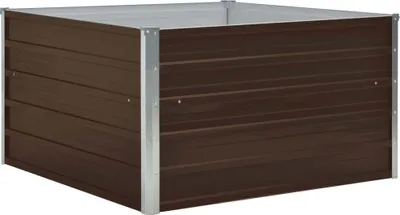 A brown metal raised garden bed with silver corner supports, shown from a slightly elevated angle against a white background.