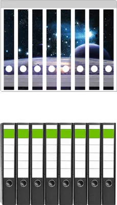 Produktbild von Wallario 8 Stück schmale Ordner inkl. Klebeetiketten mit Motive Planeten im Weltall -  Set mit Rückenschildern / Ordnerrücken Stickern