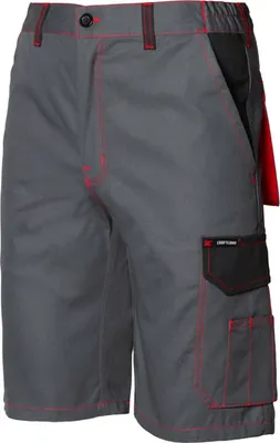 A pair of gray work shorts with red stitching and black accents.
