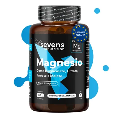 Immagine prodotto di Compresse di magnesio ad alto dosaggio (4 volte) con bisglicinato e citrato – 180 pezzi – Sevens