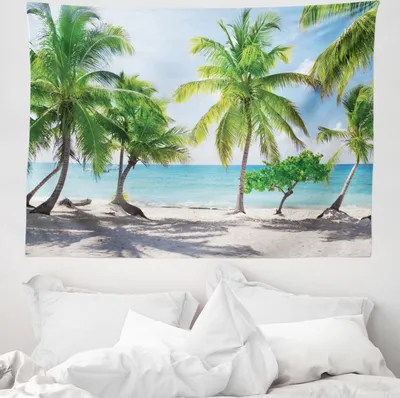 Produktbild von ABAKUHAUS Küsten Wandteppich, Palmen-Insel Shore aus Weiches Mikrofaser Stoff Waschbar ohne Verblassen Digitaldruck, 150 x 110 cm, Grün Aqua Coconut