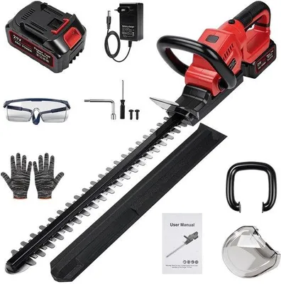 Productafbeelding van Elektrische Accu Heggenschaar met Oplader - 51 cm Dubbele Snijbladen - 18 mm Tandafstand - Struikschaar voor Tuin en Struiken - Tuinscha