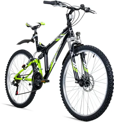 Produktbild von Bergsteiger Buffalo 26 Zoll Mountainbike, geeignet ab 155 cm, Scheibenbremse,  18 Gang-Schaltung,  Licht, Schutzblech, Vollfederung