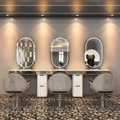 Produktbild von 360Home Frisiertisch mit LED Spiegel Stylingstation Bedienplatz Friseursalon Schrank mit Schubladen Frisierplatz mit Edelstahlrahmen Silber C-3-Sitzer