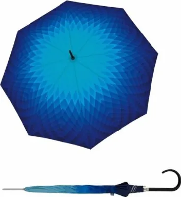An open umbrella with a blue geometric pattern and a closed umbrella below it.