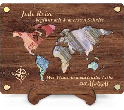 Immagine prodotto di Regalo a tema viaggio in legno con supporto, motivo mappa del mondo, ideale per viaggi e vacanze, dimensioni 20,5x15x0,4 cm