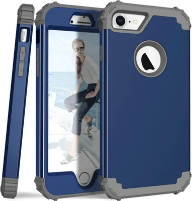 Produktbild von iPhone 8 Hülle, LaimTop Heavy Duty 3 in 1 Hybrid Hart PC Flexibel TPU Silikon Stossfest Kratzfest Tasche Schutzhülle für iPhone 7 / iPhone 8 Navy blau