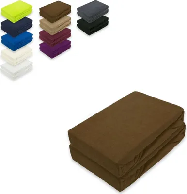 A stack of folded brown fitted sheets is shown in the foreground, with a collage of other colored fitted sheets in the upper left corner.