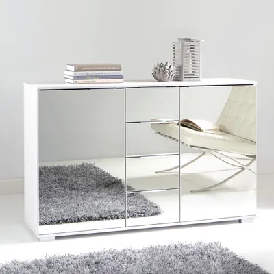 Produktbild von Schlafzimmer Sideboard in weiß mit Spiegelfront ELSTRA-43, B/H/T ca. 130/83/41 cm