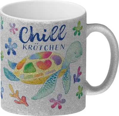 Produktbild von Schildkröte Glitzer-Kaffeebecher mit Spruch Chillkrötchen