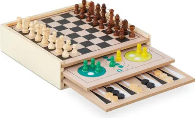 Image de Collection de jeux Relaxdays, 7 jeux de société en bois, échecs, ludo, backgammon, jeux de société, jeux classiques, colorés