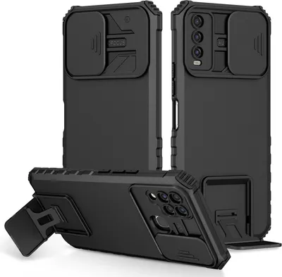 Immagine prodotto di Custodia per VIVO Y20 a doppio strato robusta, protezione militare con supporto e protezione fotocamera scorrevole nero