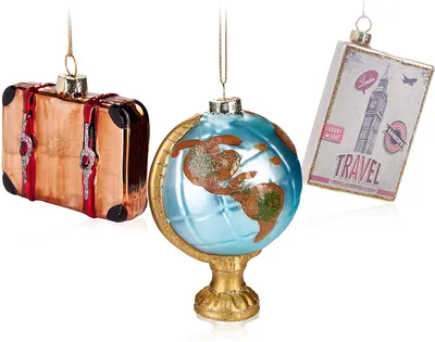 Obrázek produktu pro BRUBAKER Tree Ball Set Travel Around The World - Ručně malované vánoční ozdoby Globe Suitcase Destination London - Mouth Blown Glass Christmas Tree Ornament for Globetrotters - 3ks Tree Ornament Funny