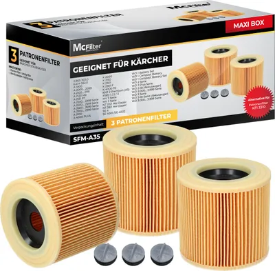 A box of Karcher vacuum cleaner filters and loose filters in front of the box.