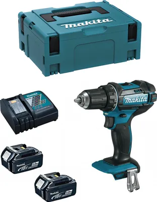 A Makita cordless drill kit with two batteries, a charger, and a storage case, laid out on a white background.