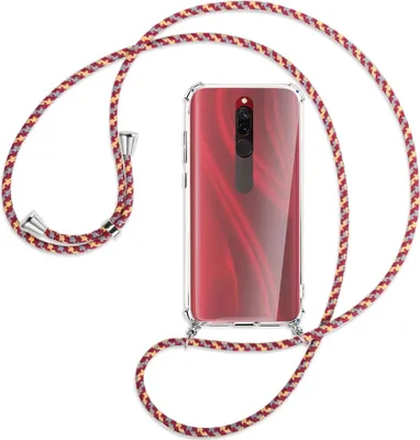 Produktbild von Handykette Backcover-Schutzhülle mit Band (Metall silberfarben) für Xiaomi Redmi 8 - weinrot/gelb/grau