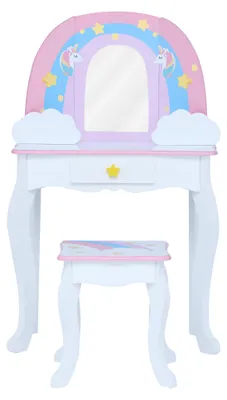 Produktbild von Teamson Kids Little Dreamer Rainbow Einhorn Holzspielzeug Vanity Set mit Spiegel, Stiften, drei Aufbewahrungsschubladen und Hocker, Multi