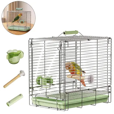Produktbild von 304 Edelstahl Vogelkäfig faltbar Reise Vogelkäfig tragbar Transportkäfig für Sittiche Papageien mit Futterspender Sitzstange Outdoor Reisen Grün