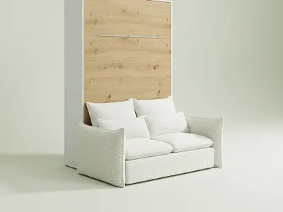 Produktbild von Schrankbett 160 x 200 cm – Manuelle vertikale Öffnung – Mit LED-Beleuchtung – Weiß und Naturholz + Sofa – RAPILI